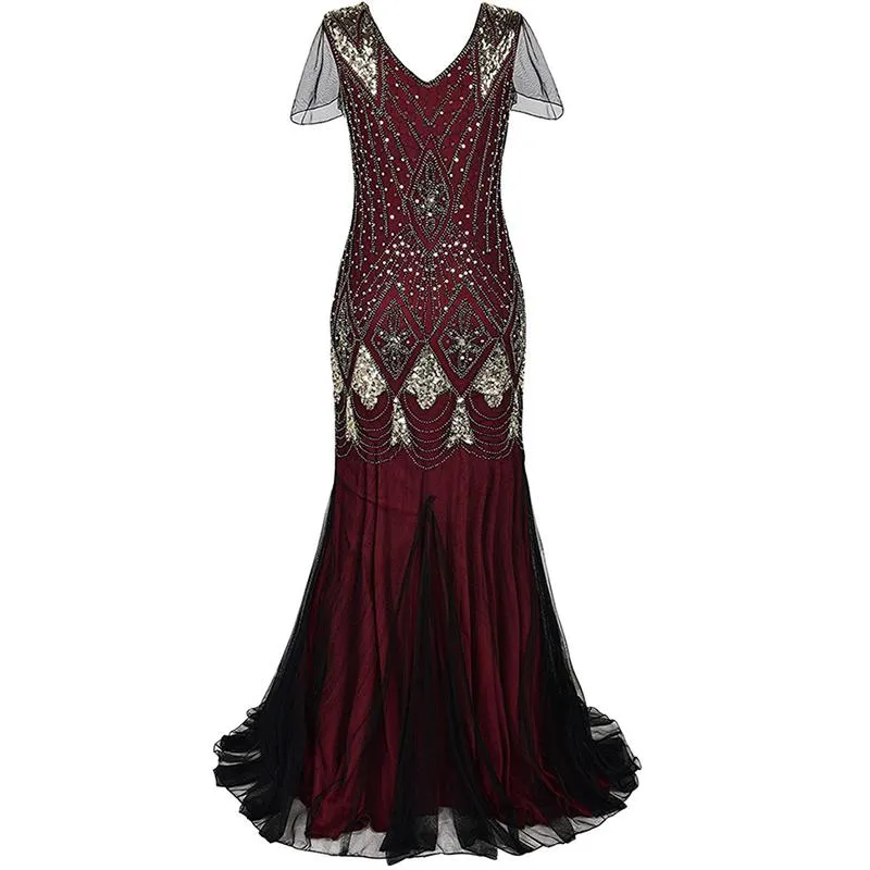 1920s Vintage sequins lace patchwork premium evening gowns bridesmaid party prom maxi dress evening gown