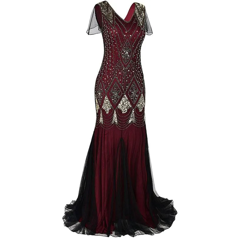 1920s Vintage sequins lace patchwork premium evening gowns bridesmaid party prom maxi dress evening gown
