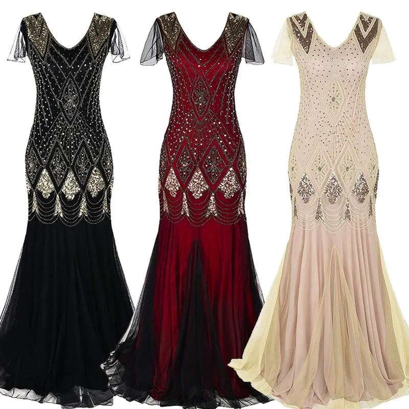 1920s Vintage sequins lace patchwork premium evening gowns bridesmaid party prom maxi dress evening gown