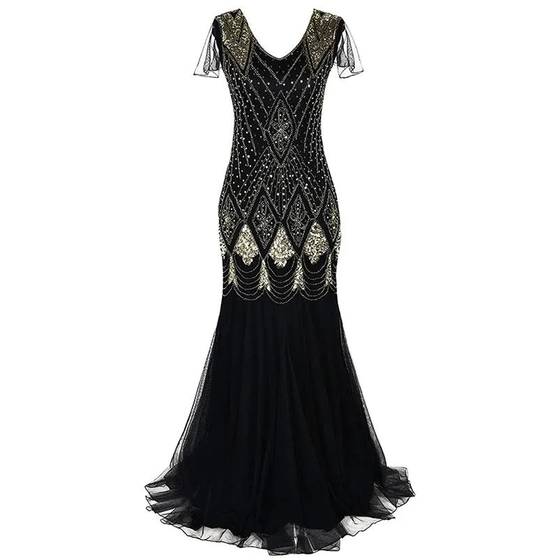 1920s Vintage sequins lace patchwork premium evening gowns bridesmaid party prom maxi dress evening gown