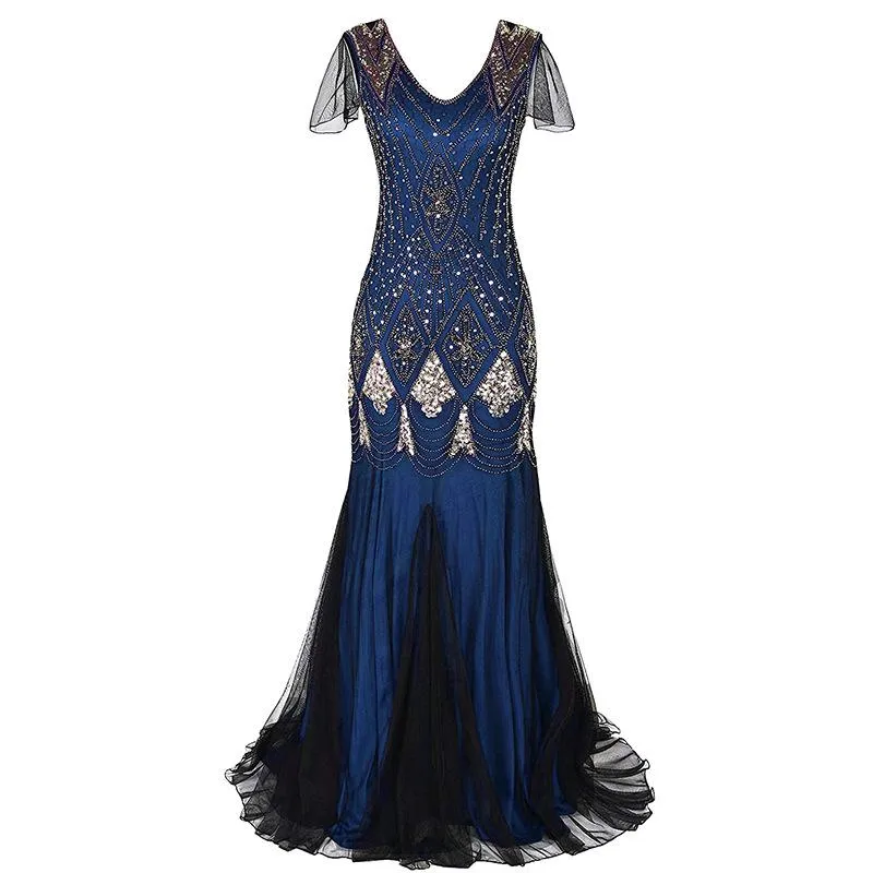 1920s Vintage sequins lace patchwork premium evening gowns bridesmaid party prom maxi dress evening gown