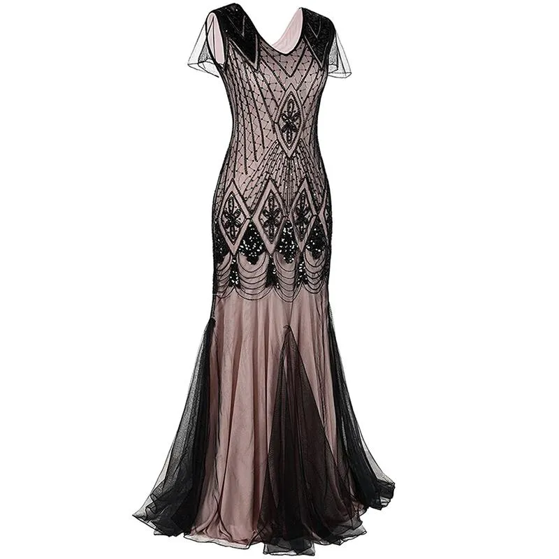 1920s Vintage sequins lace patchwork premium evening gowns bridesmaid party prom maxi dress evening gown