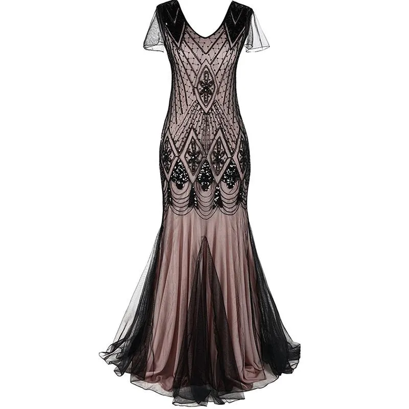 1920s Vintage sequins lace patchwork premium evening gowns bridesmaid party prom maxi dress evening gown