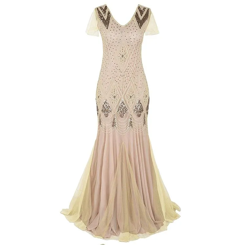 1920s Vintage sequins lace patchwork premium evening gowns bridesmaid party prom maxi dress evening gown