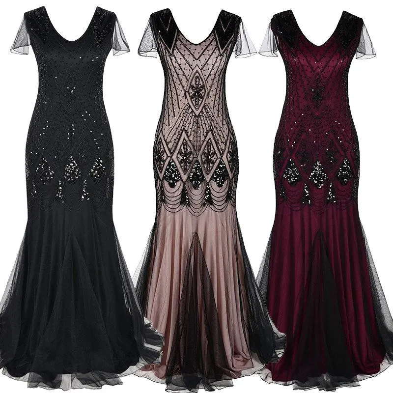 1920s Vintage sequins lace patchwork premium evening gowns bridesmaid party prom maxi dress evening gown