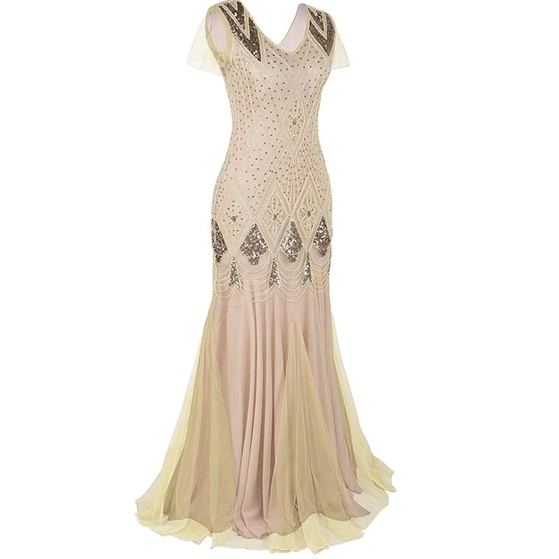 1920s Vintage sequins lace patchwork premium evening gowns bridesmaid party prom maxi dress evening gown