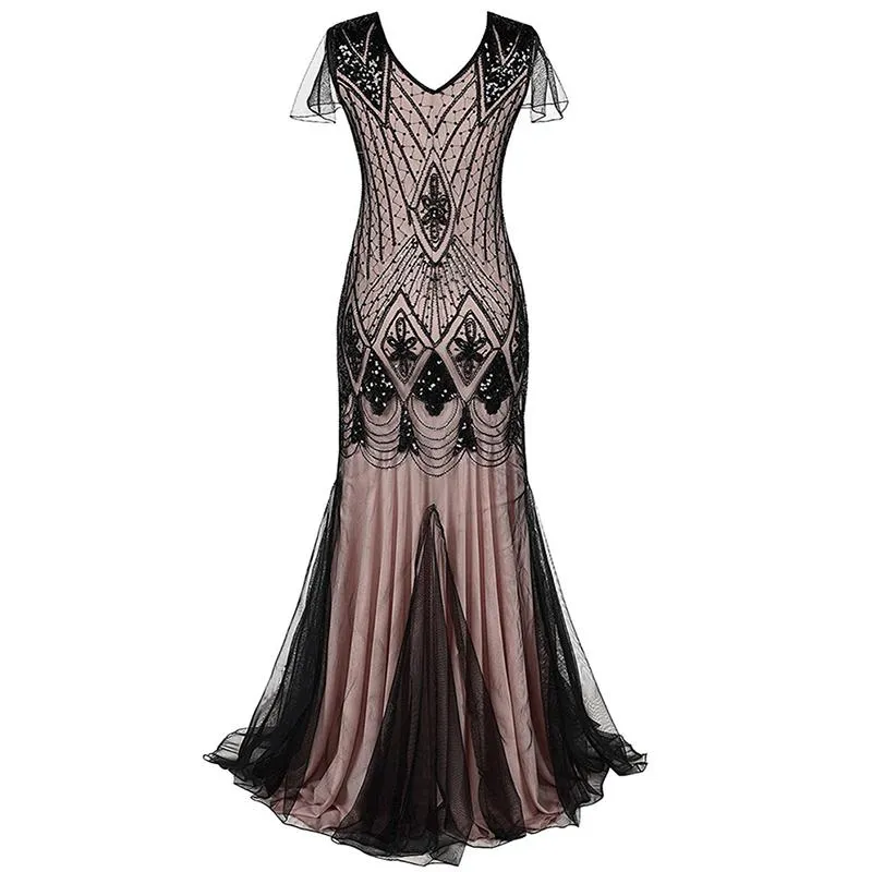 1920s Vintage sequins lace patchwork premium evening gowns bridesmaid party prom maxi dress evening gown