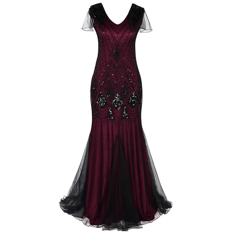 1920s Vintage sequins lace patchwork premium evening gowns bridesmaid party prom maxi dress evening gown