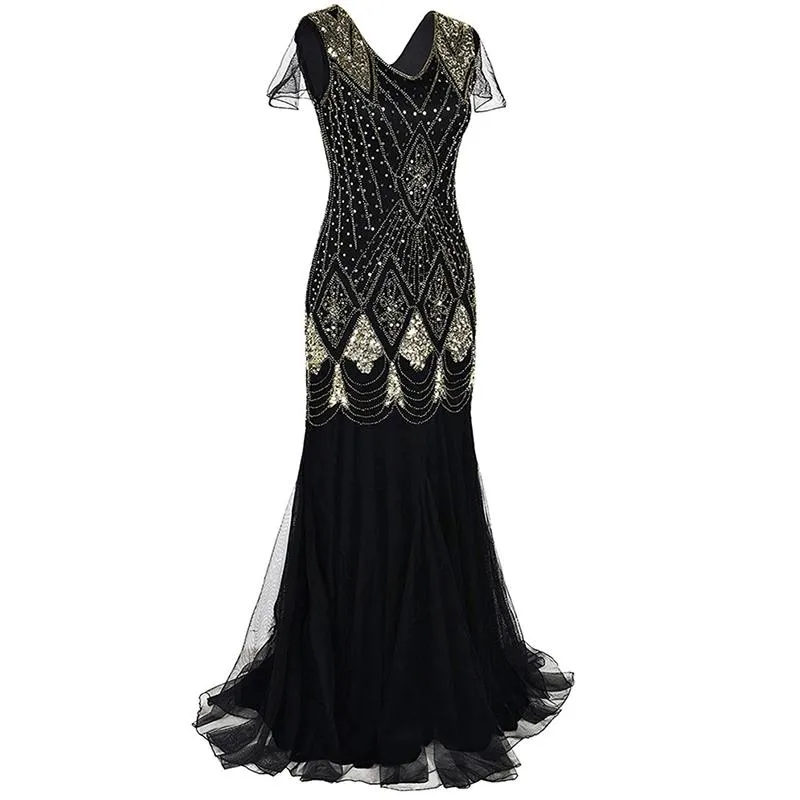 1920s Vintage sequins lace patchwork premium evening gowns bridesmaid party prom maxi dress evening gown