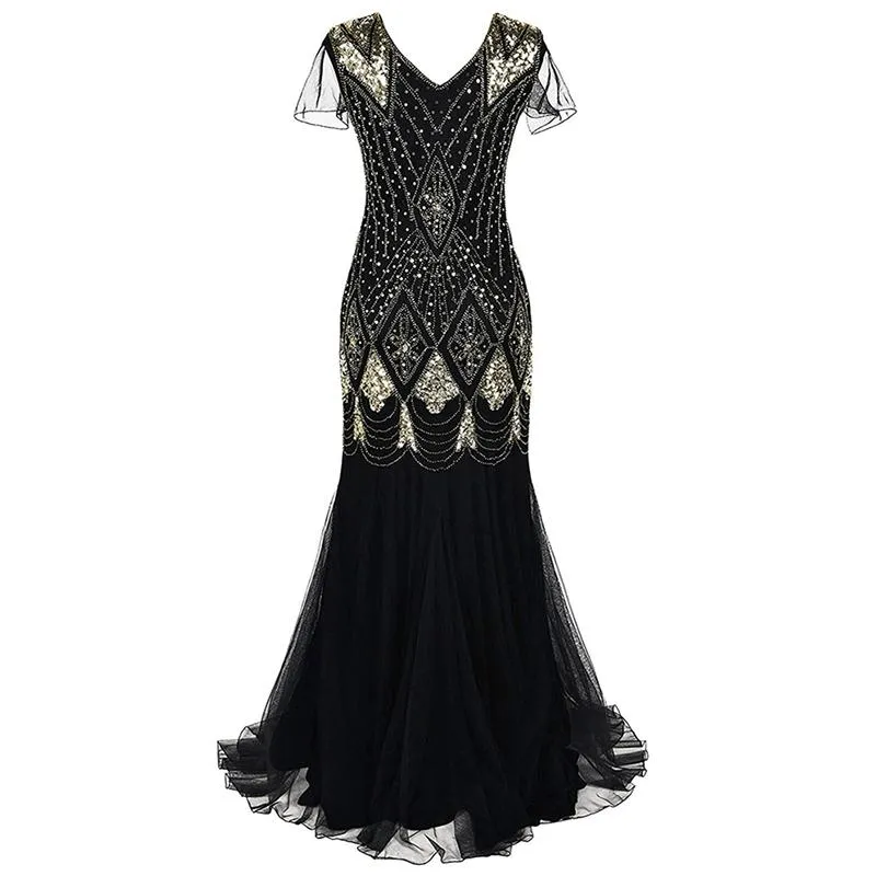 1920s Vintage sequins lace patchwork premium evening gowns bridesmaid party prom maxi dress evening gown