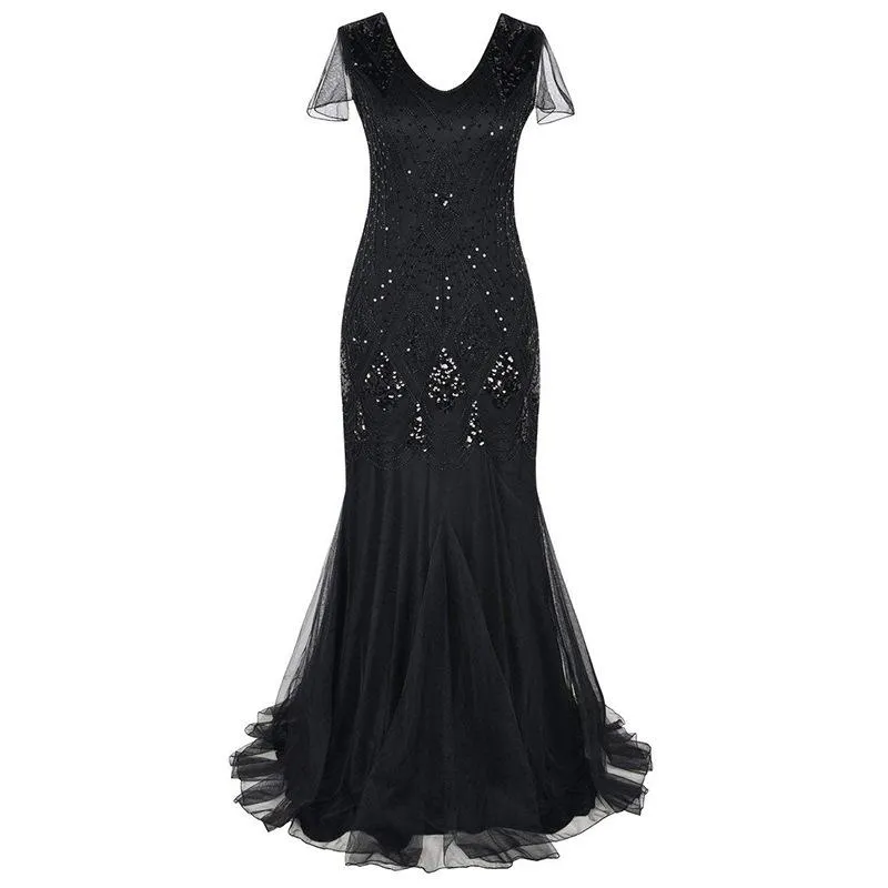 1920s Vintage sequins lace patchwork premium evening gowns bridesmaid party prom maxi dress evening gown