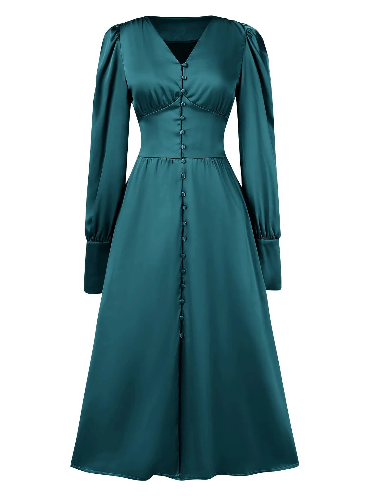 1940s Solid V-Neck Faux Satin Button Dress
