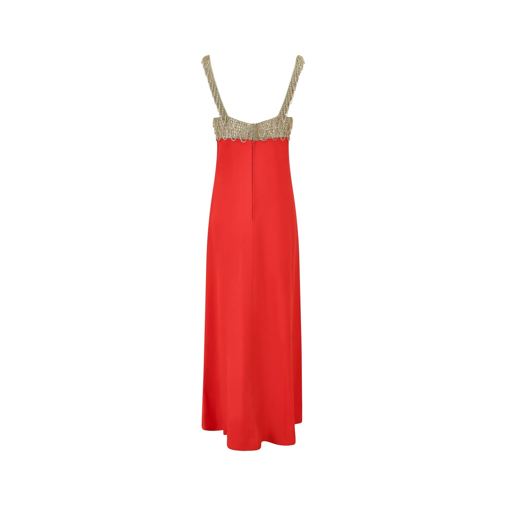 1970s Loris Azzaro Gold Chain and Red Crepe Maxi Dress