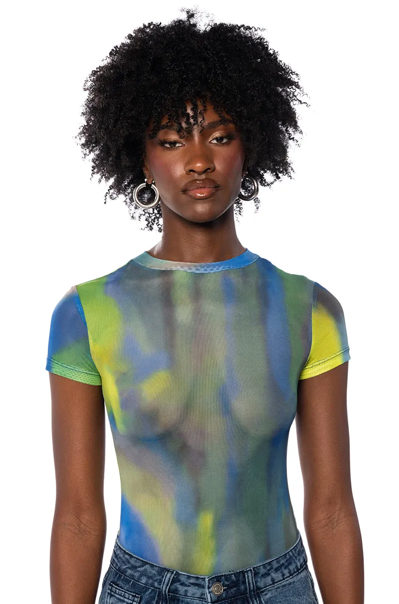 ABSTRACT PRINTED SHORT SLEEVE MESH BODYSUIT