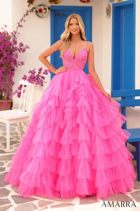 Amarra 88296 Size 8 Hot Pink Layered Ruffle Ballgown Prom Dress Beaded Bodice Formal A Line Pageant Gown