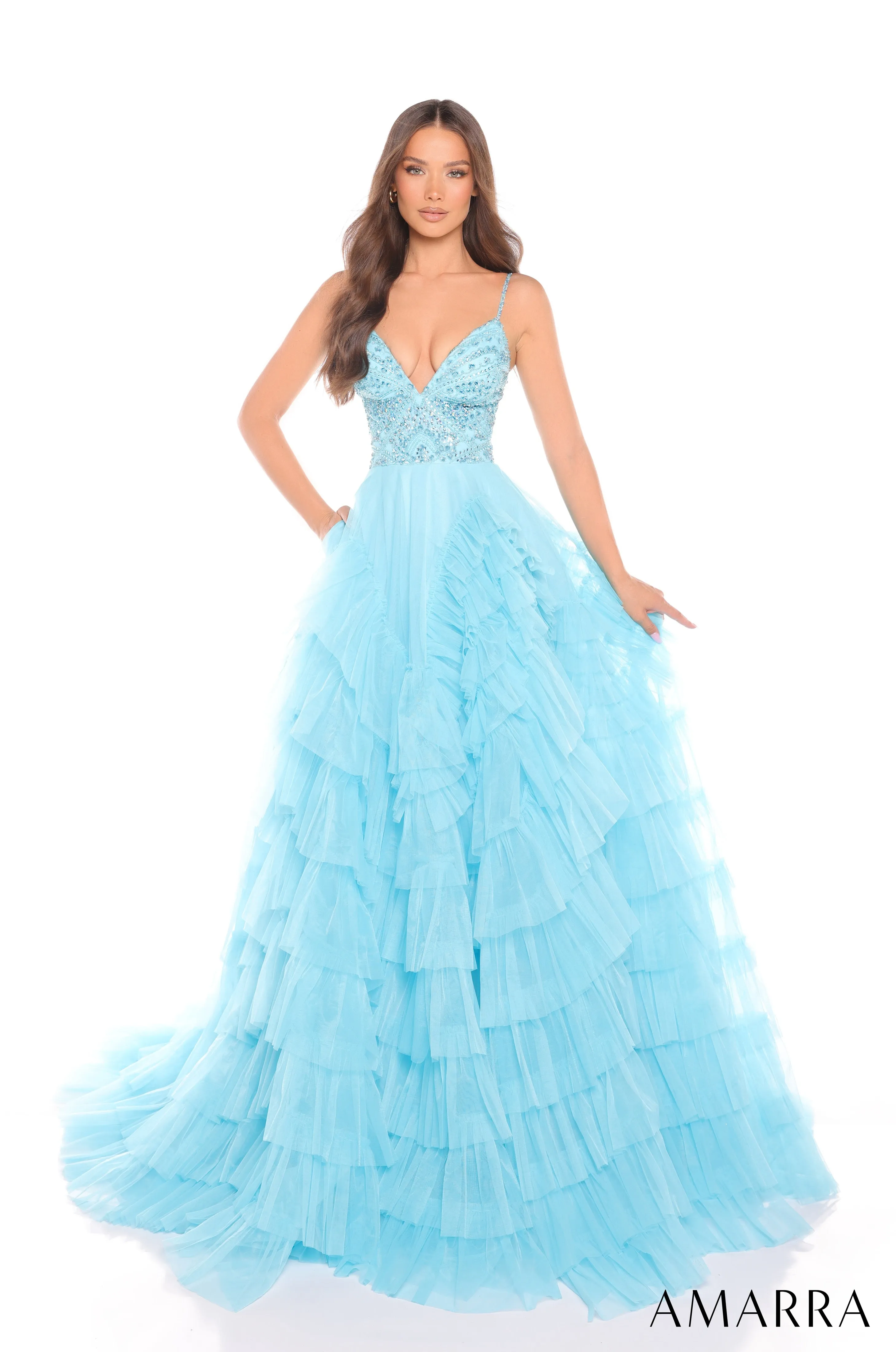 Amarra 88296 Size 8 Hot Pink Layered Ruffle Ballgown Prom Dress Beaded Bodice Formal A Line Pageant Gown