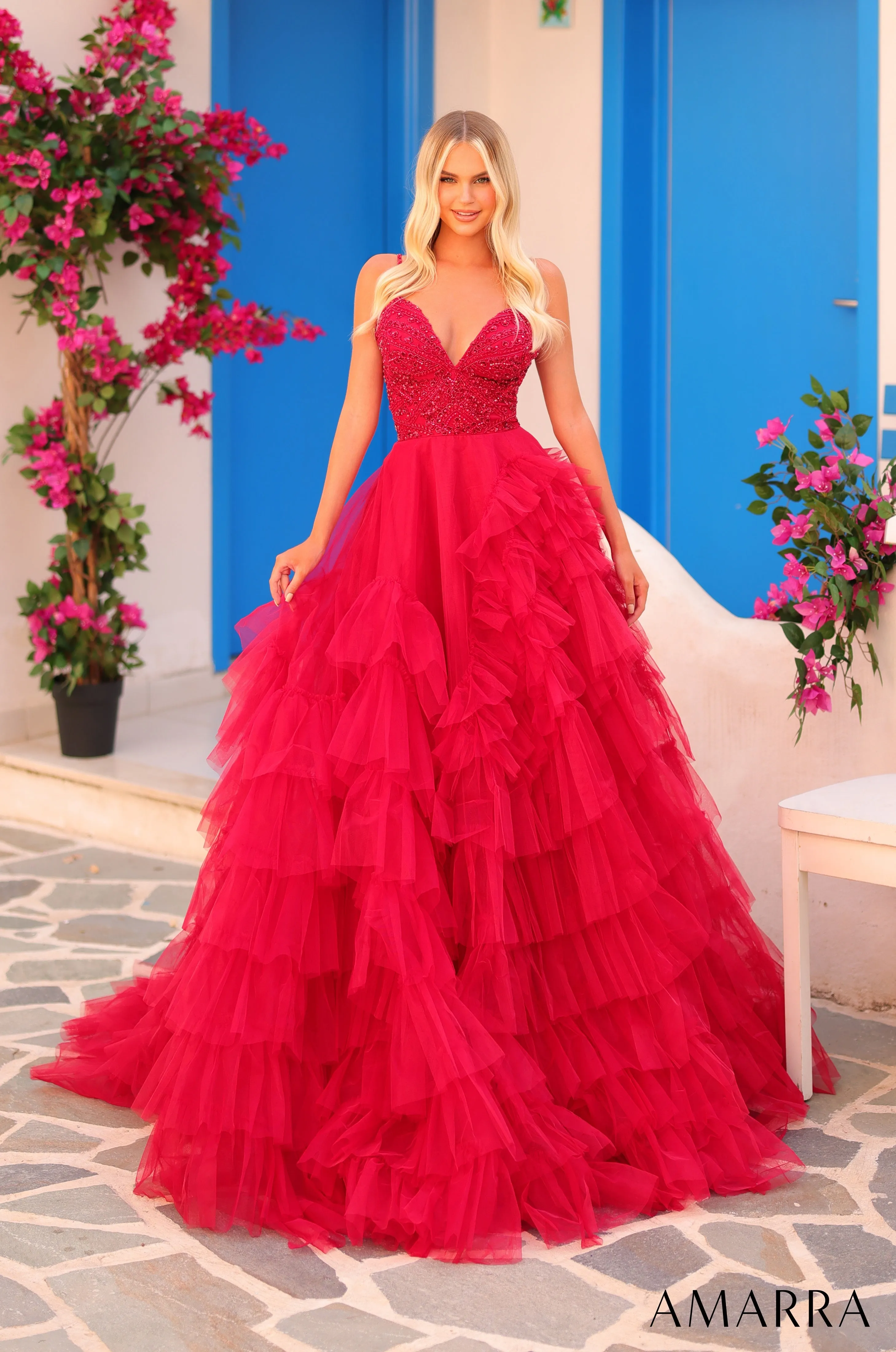 Amarra 88296 Size 8 Hot Pink Layered Ruffle Ballgown Prom Dress Beaded Bodice Formal A Line Pageant Gown