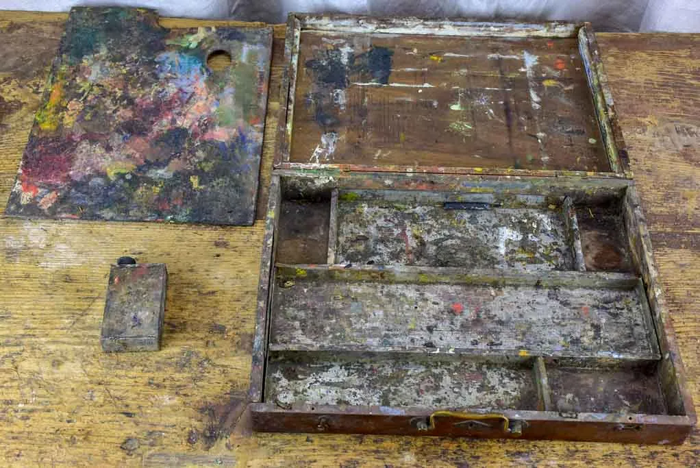 Antique French artist's paint box with palette - large