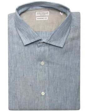 Bianco and Celeste Linen Stripe Sport Shirt