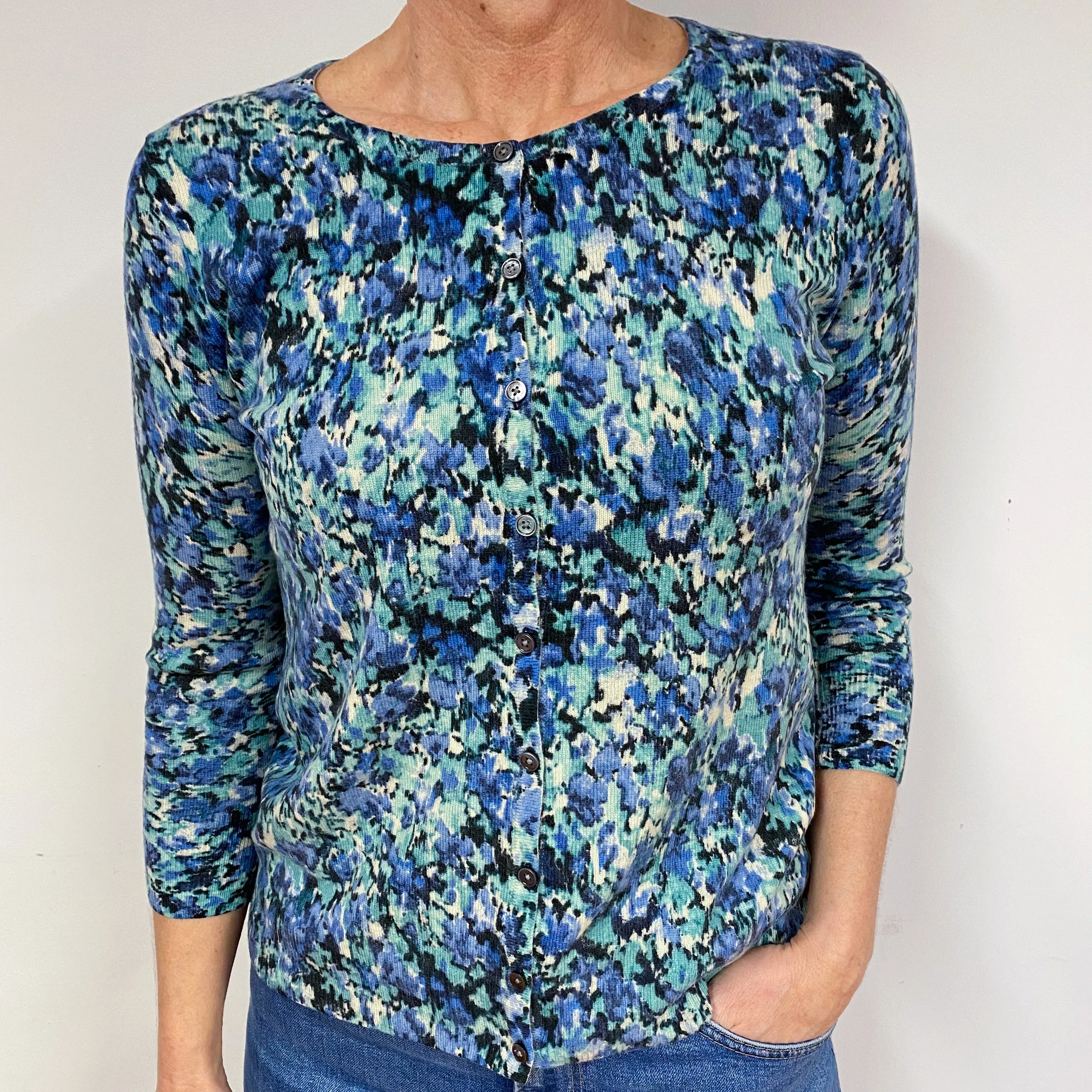Blue and Green Floral Cashmere Crew Neck Cardigan Medium