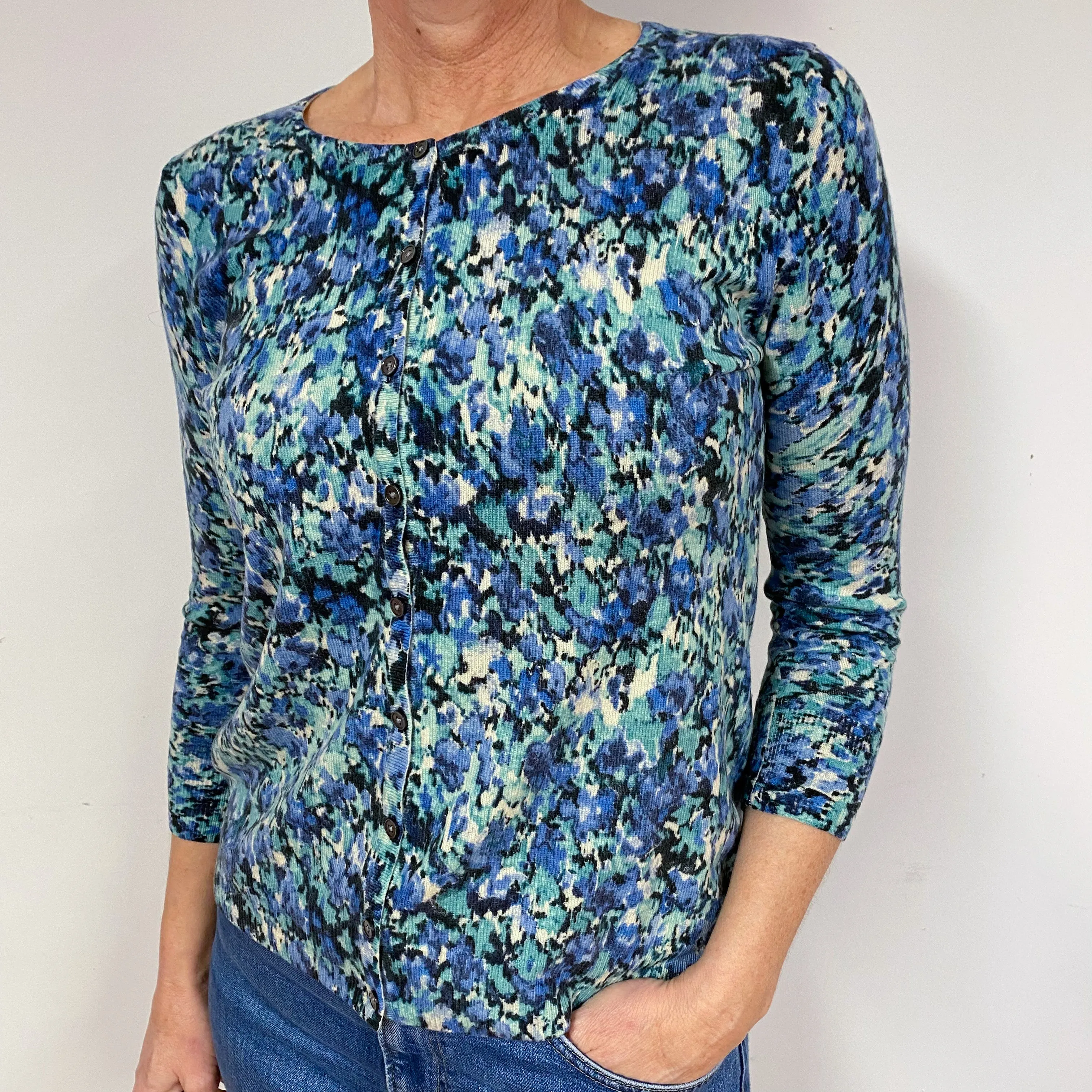 Blue and Green Floral Cashmere Crew Neck Cardigan Medium