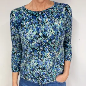 Blue and Green Floral Cashmere Crew Neck Cardigan Medium