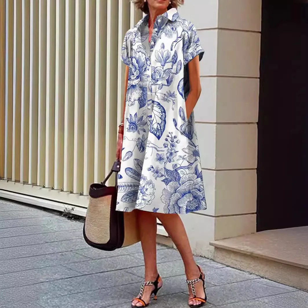 Blue and White Design Pocket Shirt Dress
