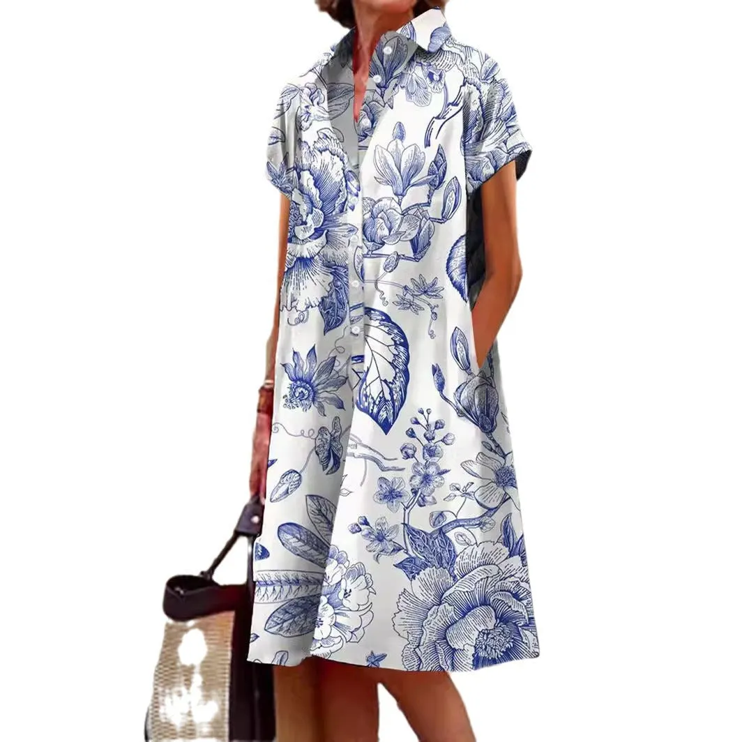 Blue and White Design Pocket Shirt Dress