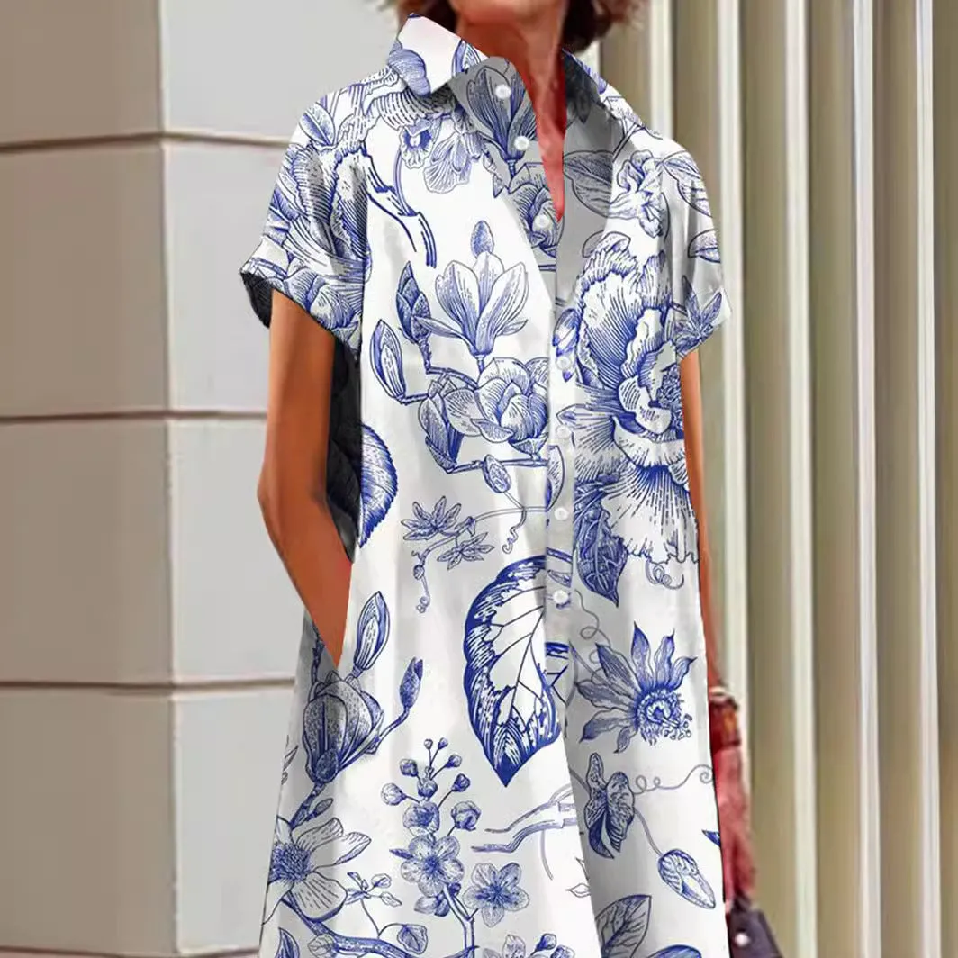 Blue and White Design Pocket Shirt Dress