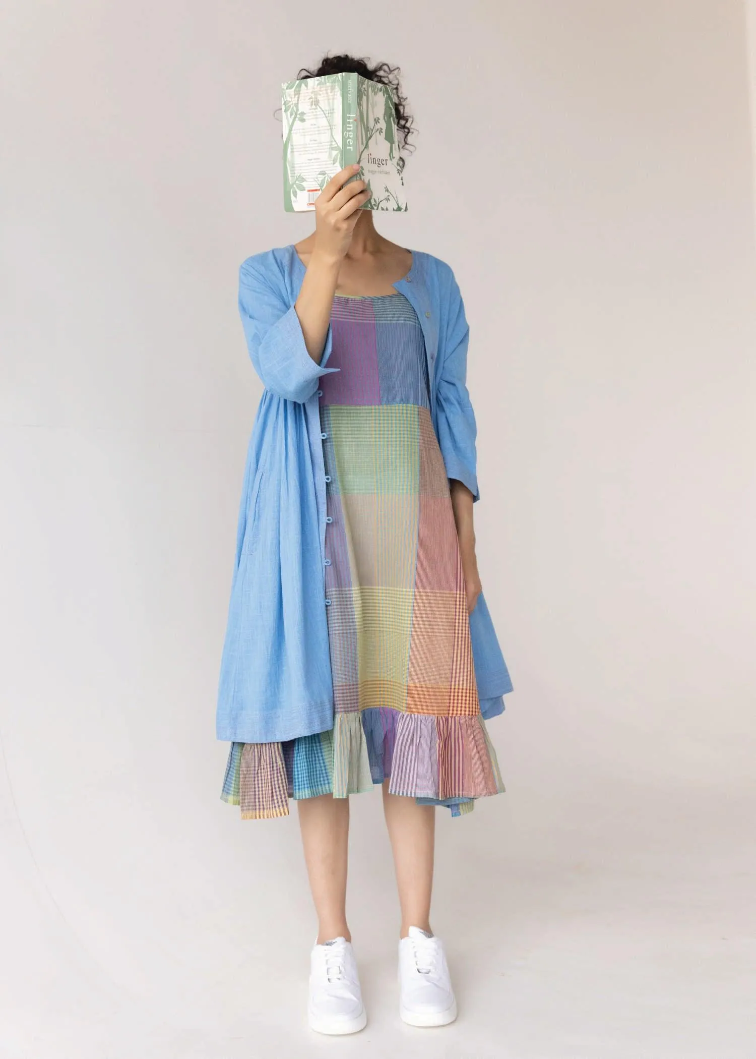 Blue Multi Loose Cotton Over-Lay Dress with Slip