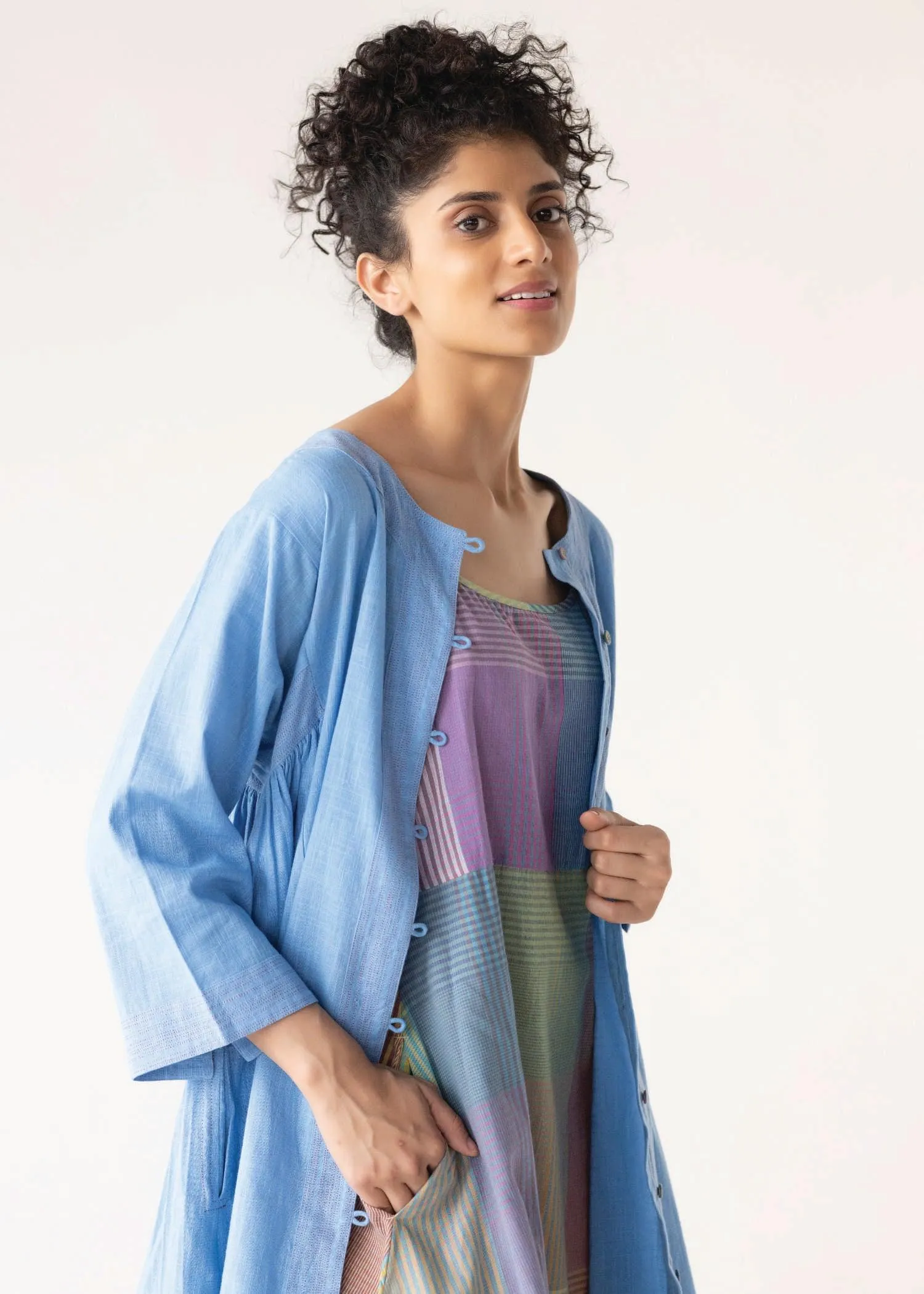 Blue Multi Loose Cotton Over-Lay Dress with Slip