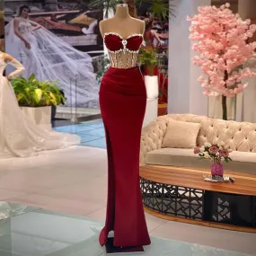 Burgundy Prom Dresses Robes De Soiree See-Through Body Sweetheart Beading Rhinestones Mermaid Evening Dress Split Pageant Gown    fg1186