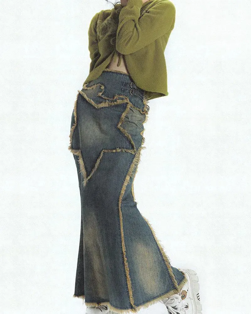Cassiopeia – Front star detail – Denim maxi skirt