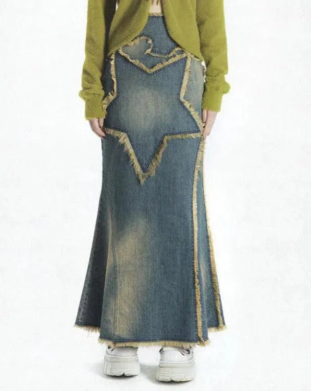 Cassiopeia – Front star detail – Denim maxi skirt