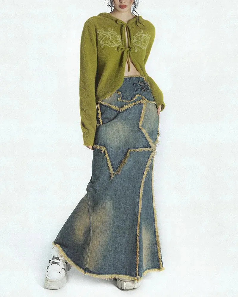 Cassiopeia – Front star detail – Denim maxi skirt