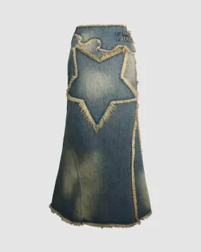 Cassiopeia – Front star detail – Denim maxi skirt