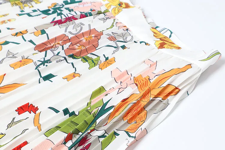 Casual  Spring  Colorful Flowers Printed Pleated Long Skirt