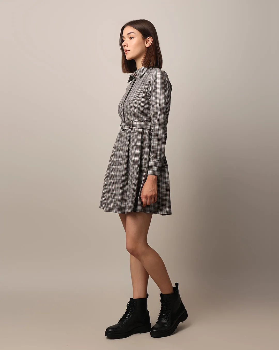 Charcoal Check Belted Shirt Dress