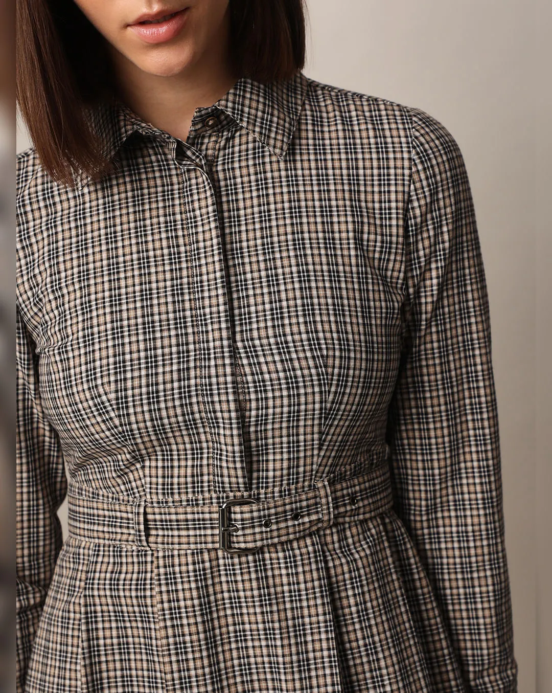 Charcoal Check Belted Shirt Dress