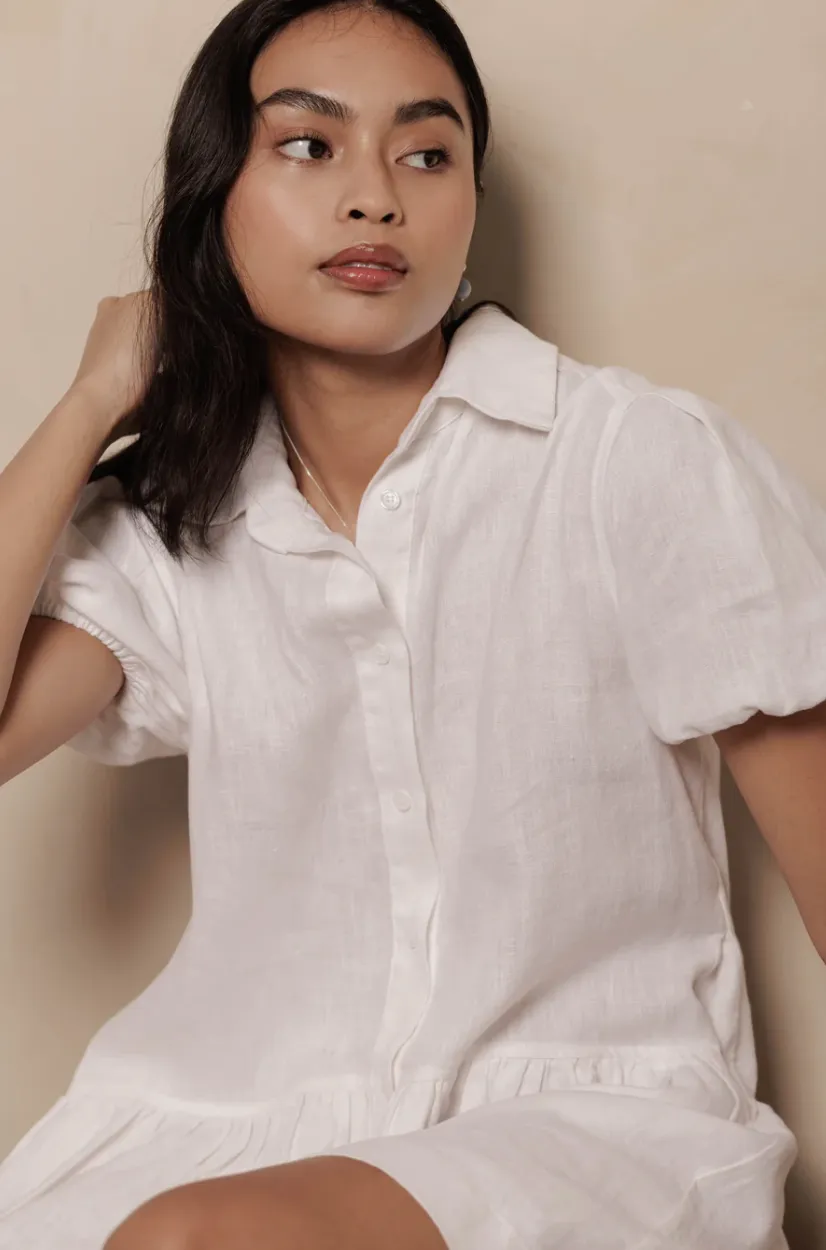 Classic Linen Short Sleeved Shirt Dress in White