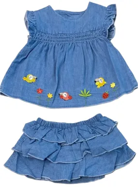 Denim Skirt Set with Embroidery