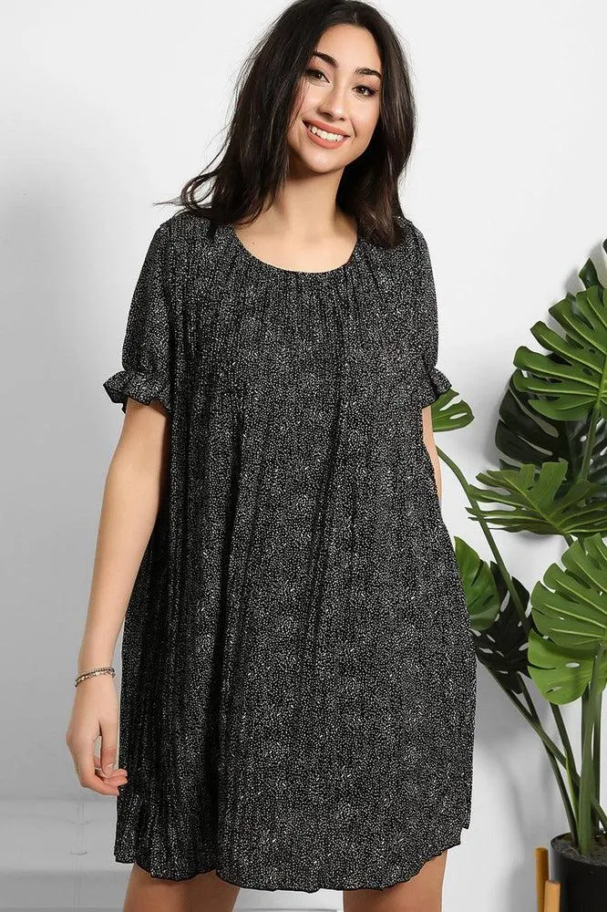Dotted Print Pleated Shirt Dress