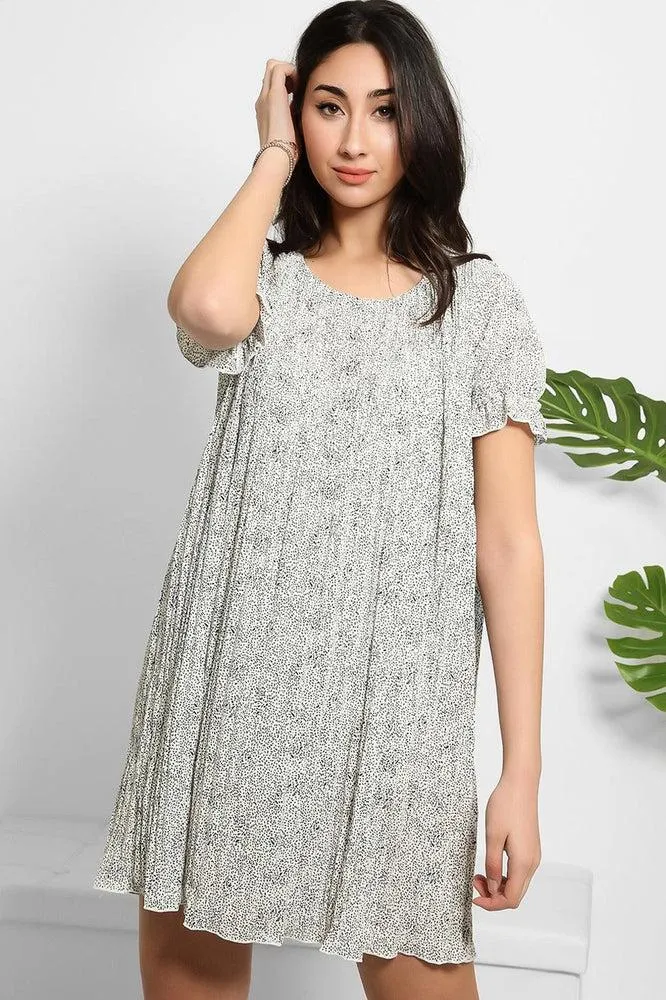 Dotted Print Pleated Shirt Dress