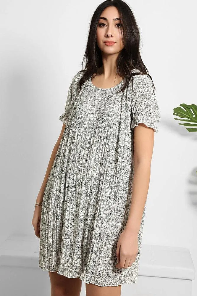 Dotted Print Pleated Shirt Dress