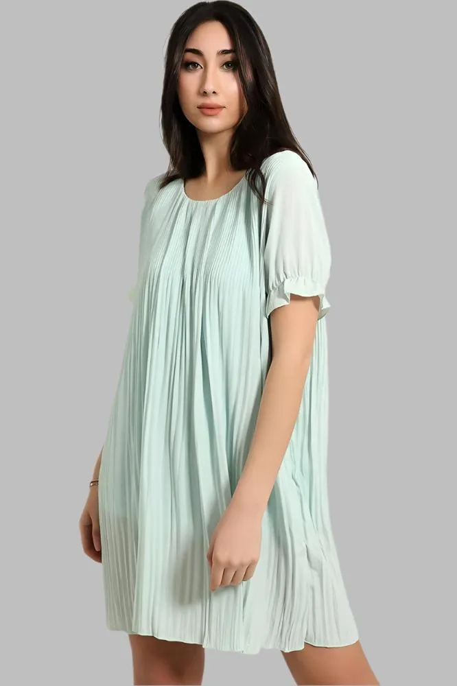 Dotted Print Pleated Shirt Dress
