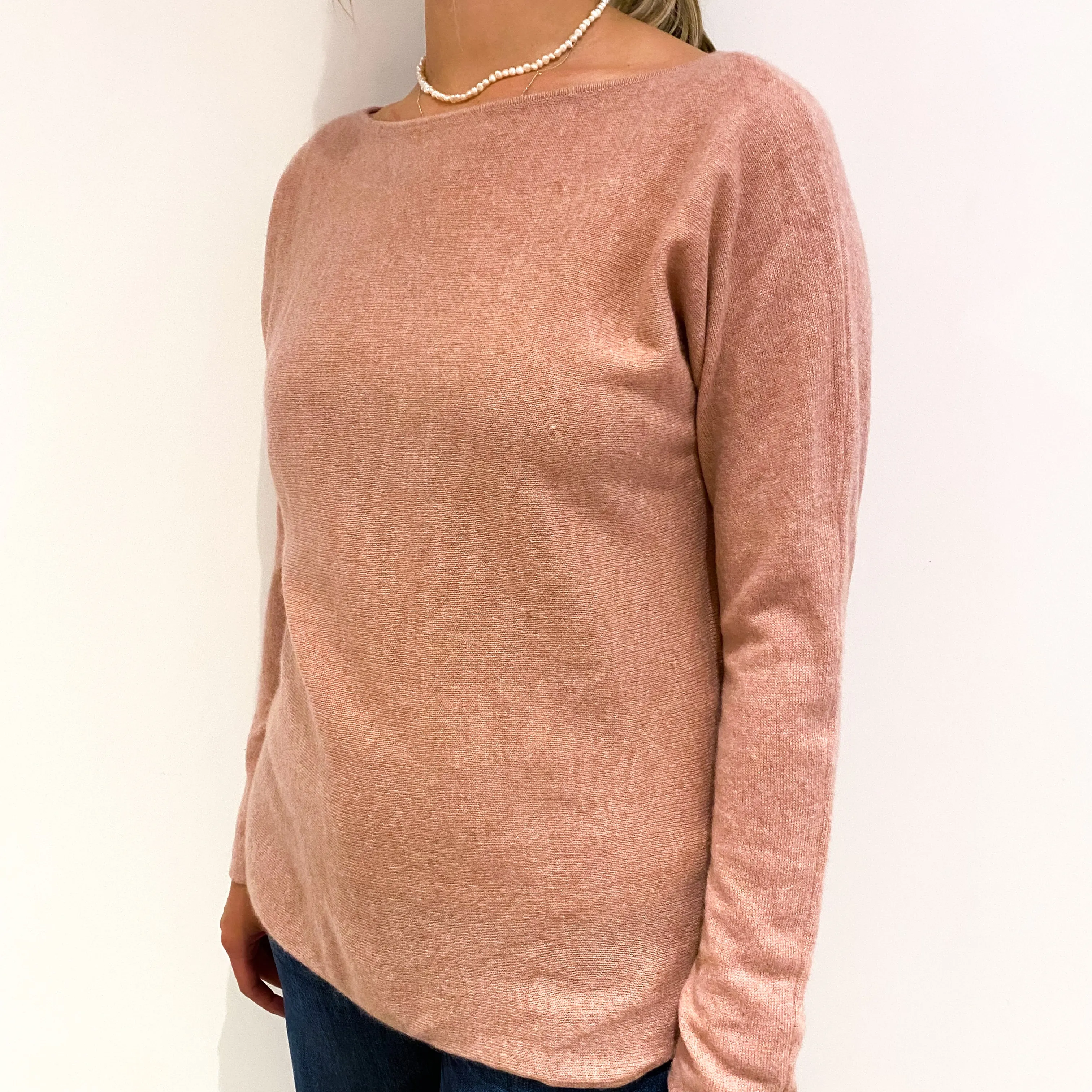 Faded Heather Pink Cashmere Longline Crew Neck Jumper Small