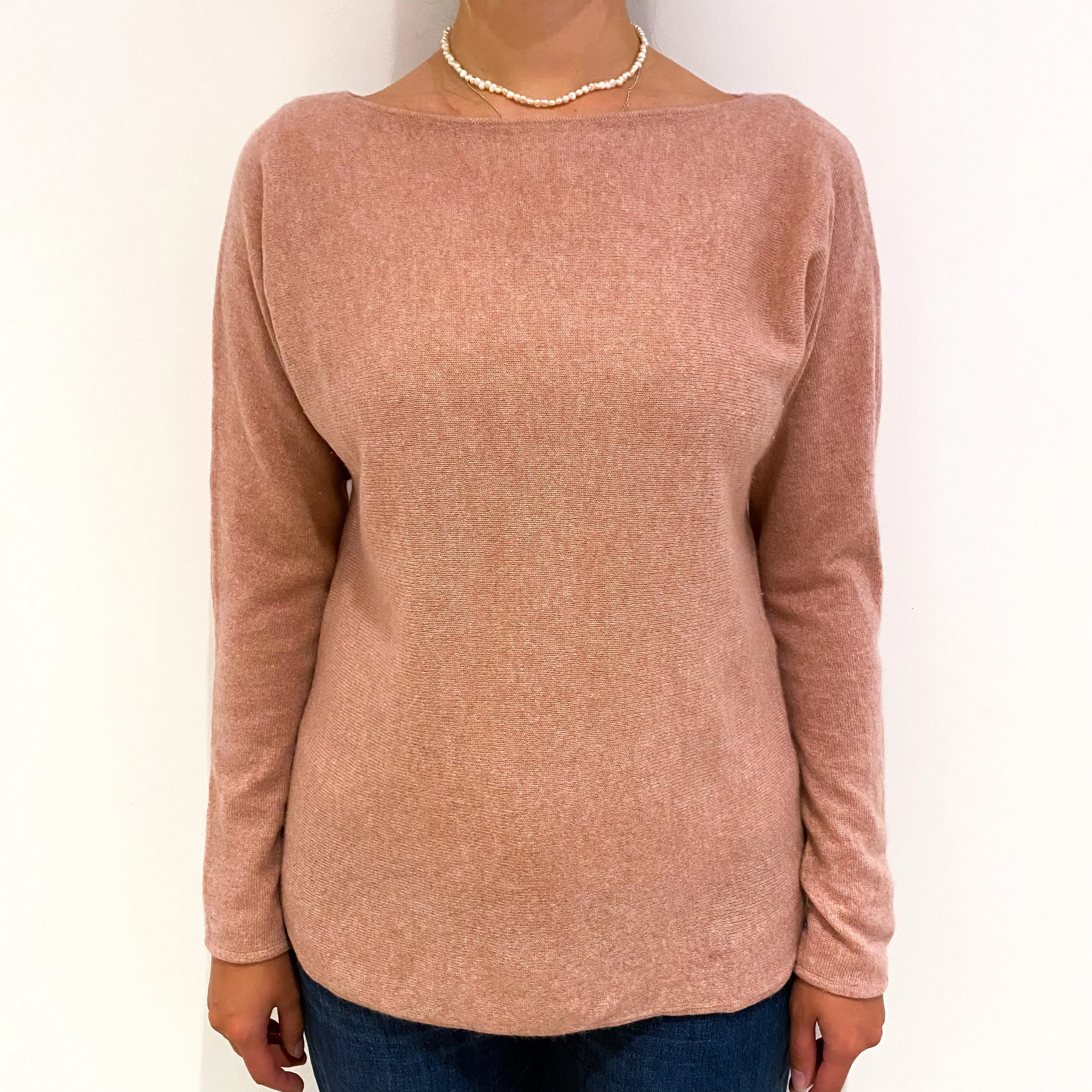 Faded Heather Pink Cashmere Longline Crew Neck Jumper Small