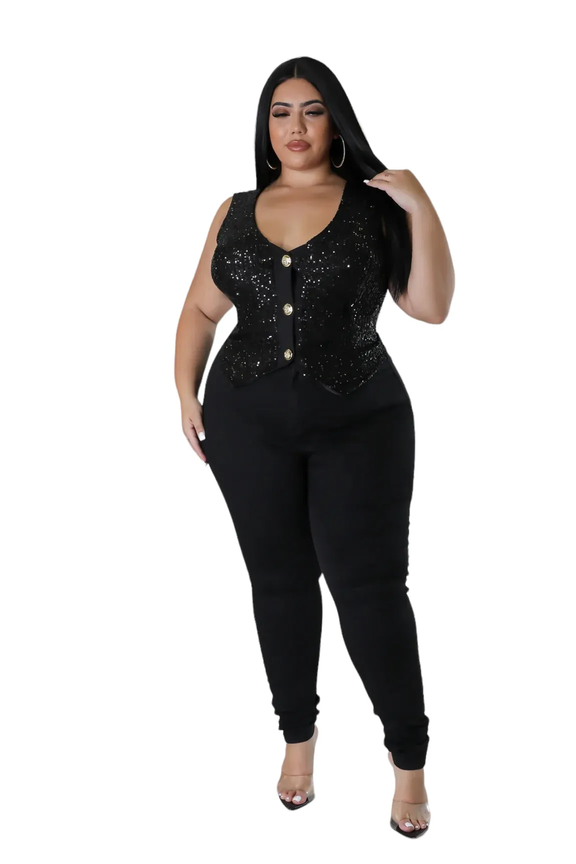 Final Sale Plus Size Sequin Sleeveless Button Up Crop Vest in Black (Vest Only)
