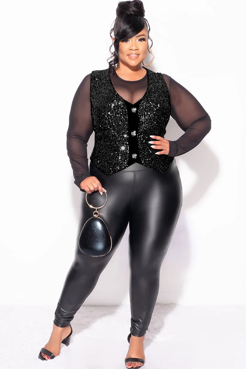Final Sale Plus Size Sequin Sleeveless Button Up Crop Vest in Black (Vest Only)