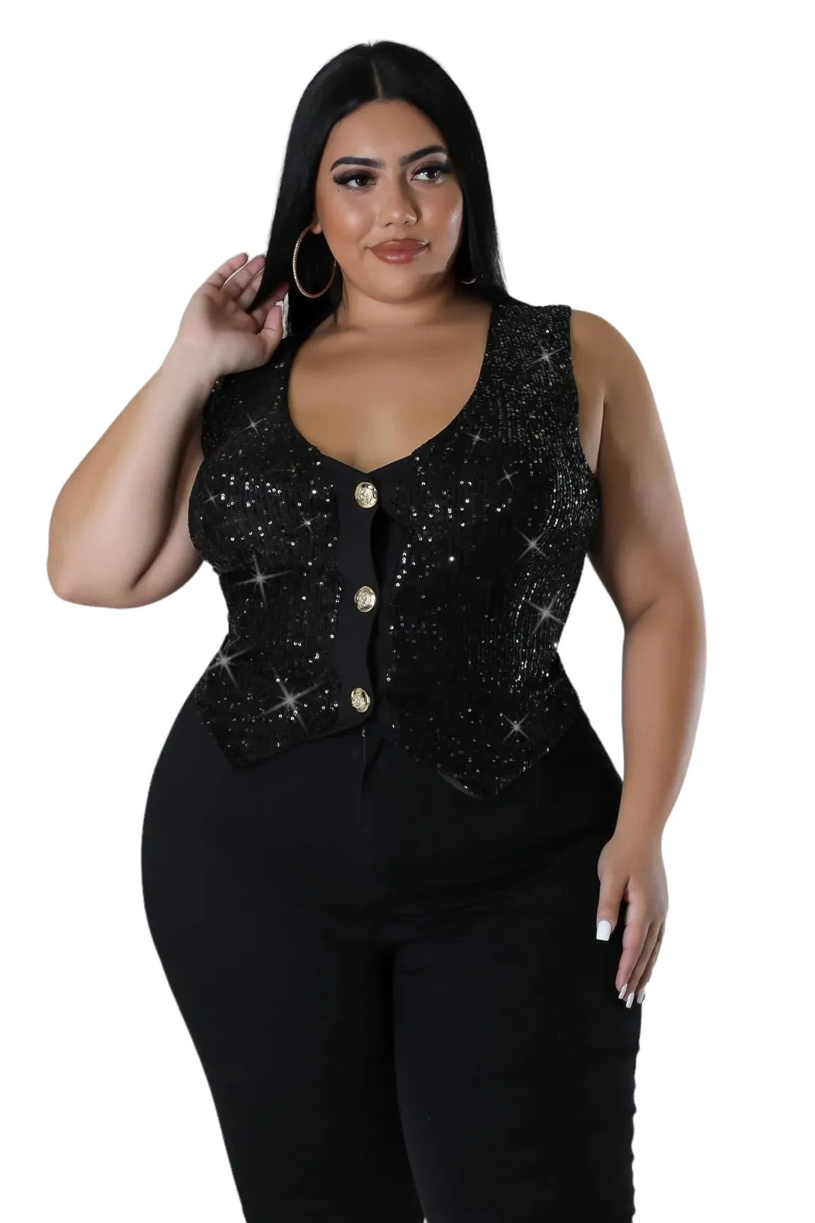 Final Sale Plus Size Sequin Sleeveless Button Up Crop Vest in Black (Vest Only)